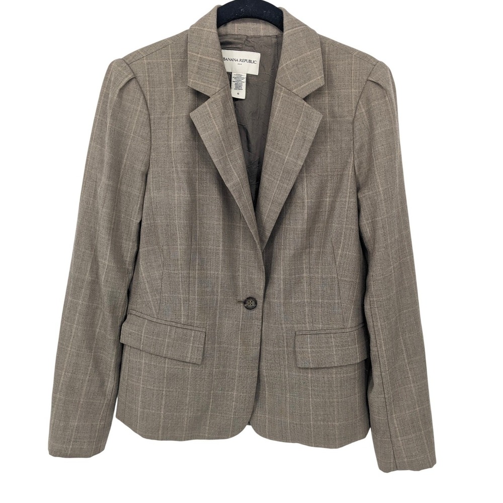 Banana Republic Wool Blend Blazer Womens 6 Tan Plaid Peplum‎ Academia Preppy